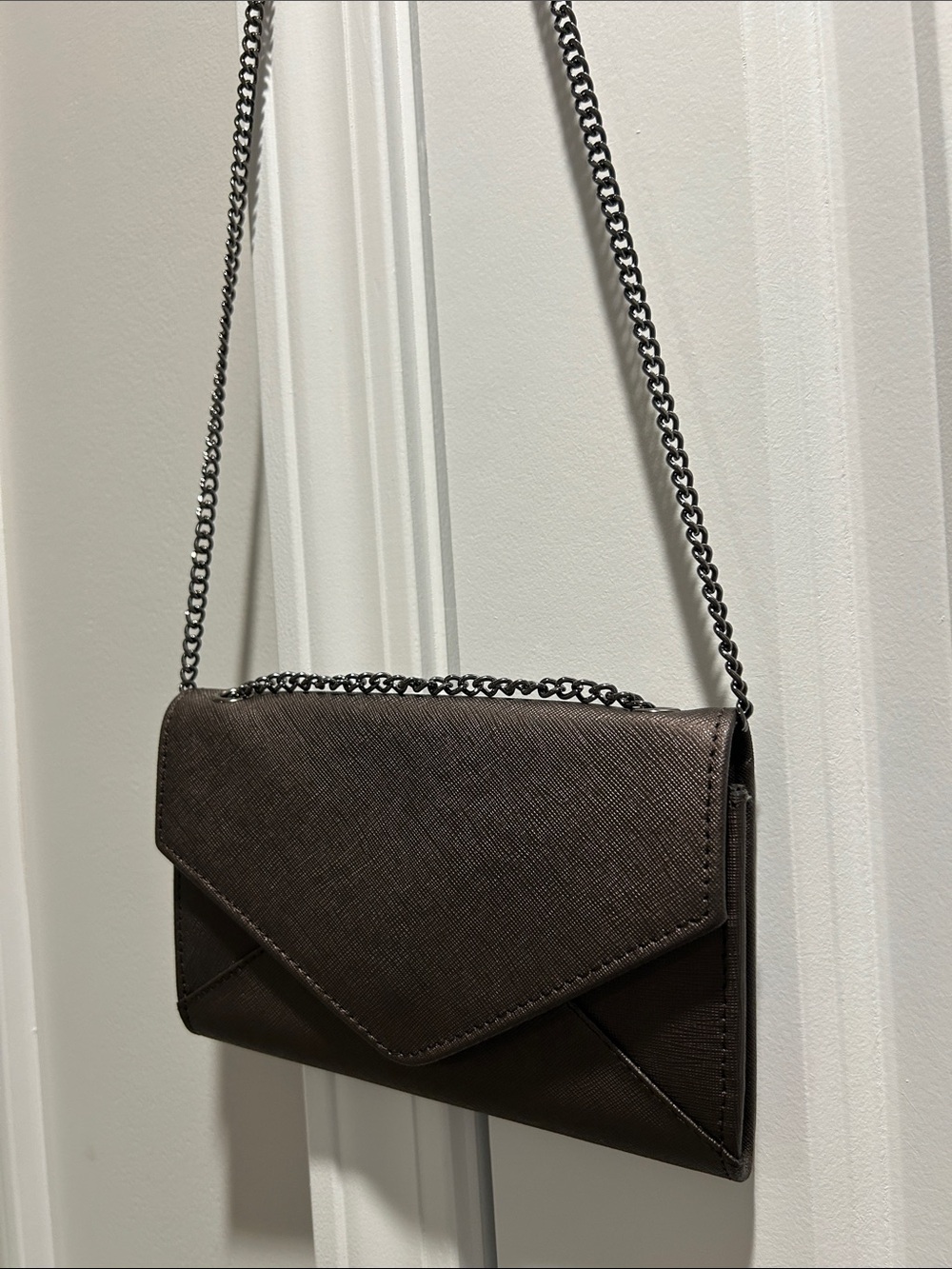Barneys New York Brown Envelope Crossbody with Bronze Chain Strap